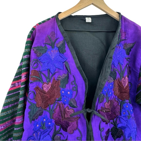 Vintage 70s Baja Jacket Embroidered Guatamalan Coat Colorful Floral Stripes | XL - Picture 3 of 14